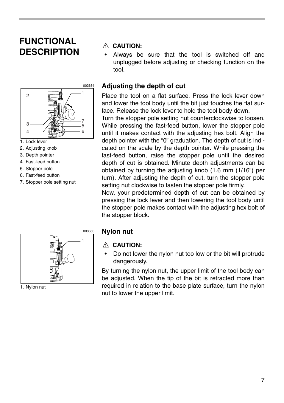 Functional description, Adjusting the depth of cut, Nylon nut | Makita RP1101 User Manual | Page 7 / 20