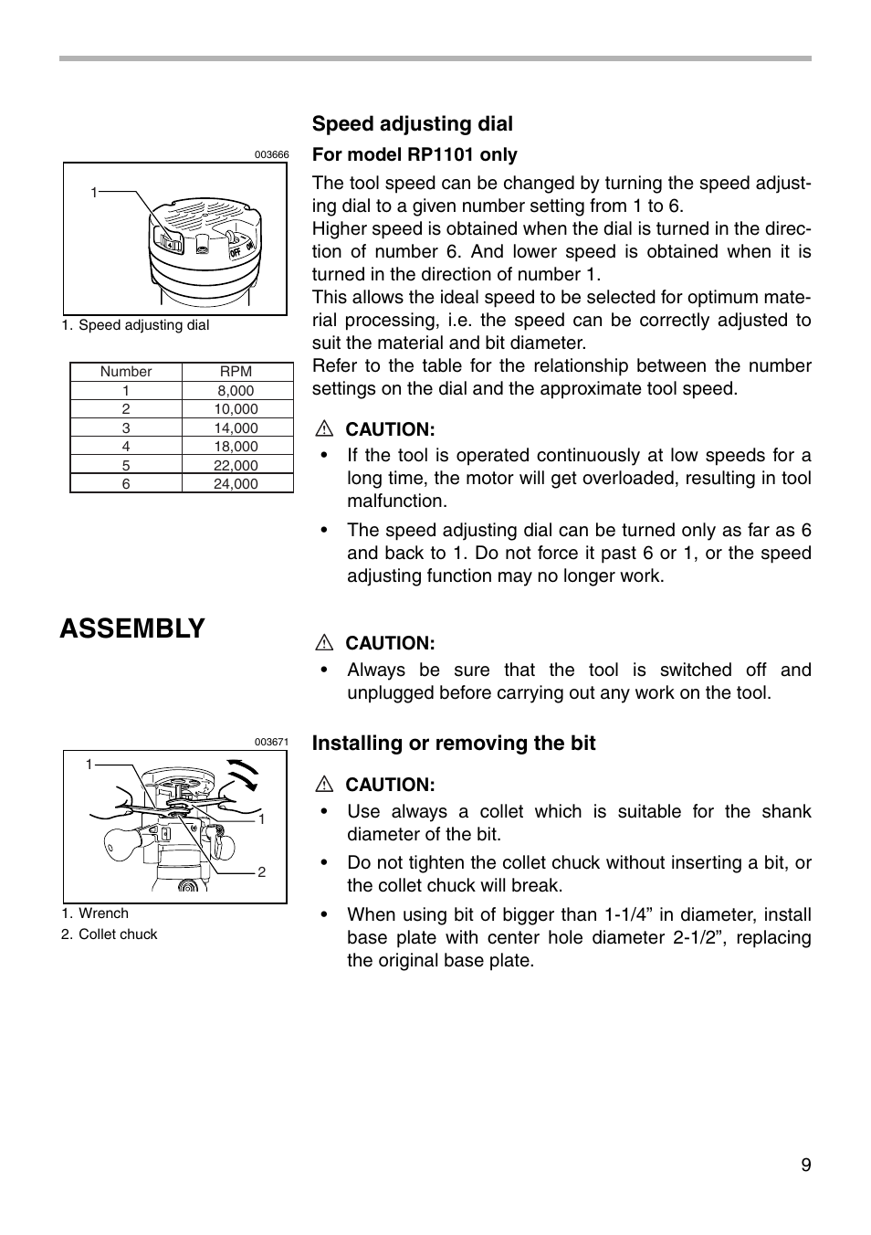 Assembly, Speed adjusting dial, Installing or removing the bit | Makita RP1101 User Manual | Page 9 / 20