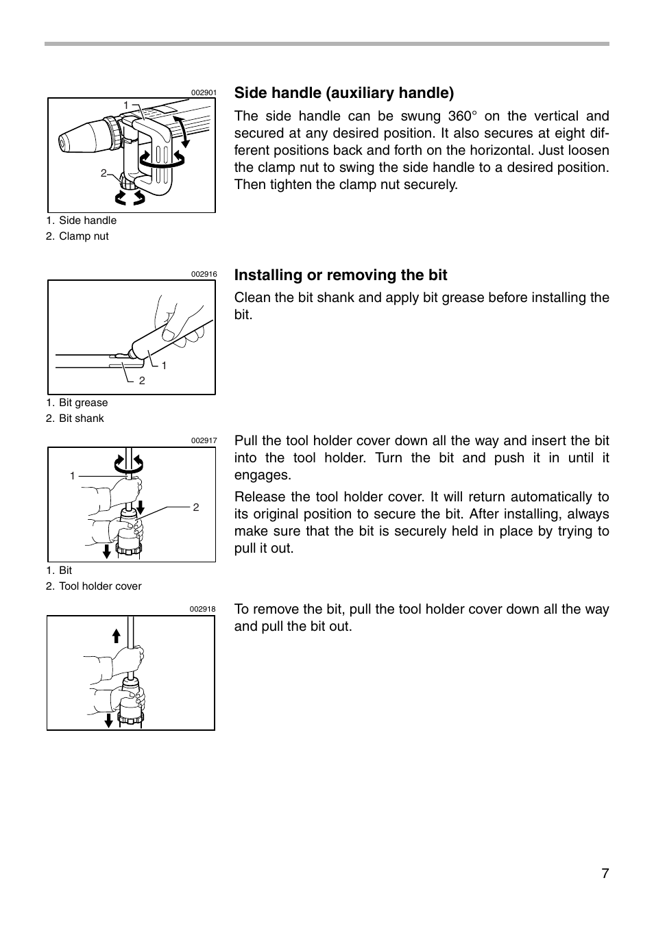 Side handle (auxiliary handle), Installing or removing the bit | Makita HM1100C User Manual | Page 7 / 16