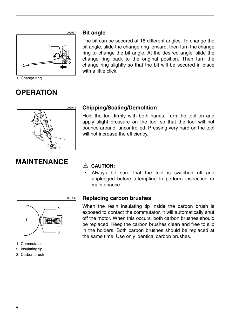 Operation, Maintenance, Bit angle | Chipping/scaling/demolition, Replacing carbon brushes | Makita HM1100C User Manual | Page 8 / 16