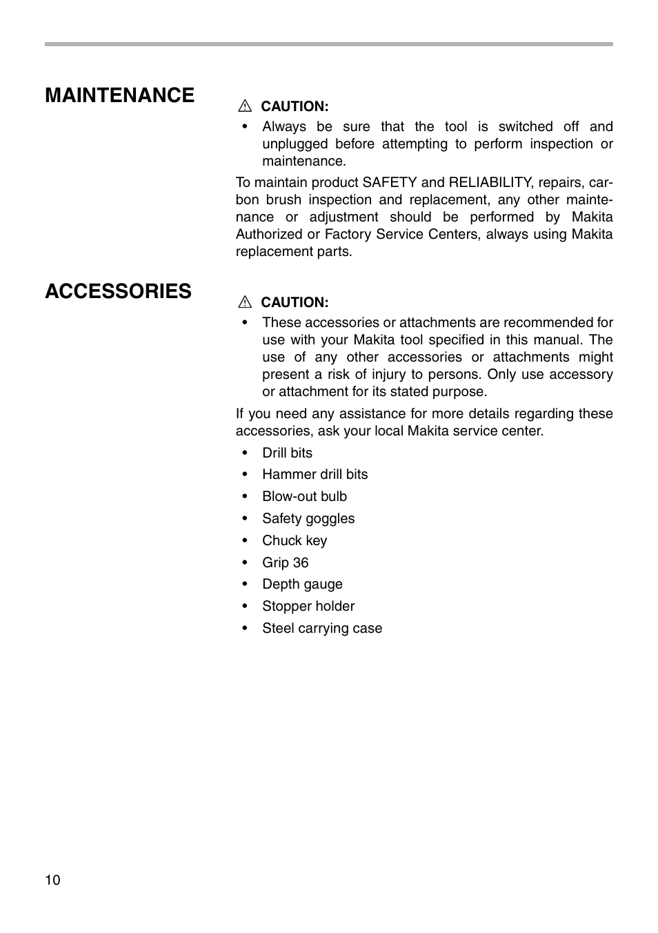 Maintenance, Accessories | Makita NHP1030 User Manual | Page 10 / 16