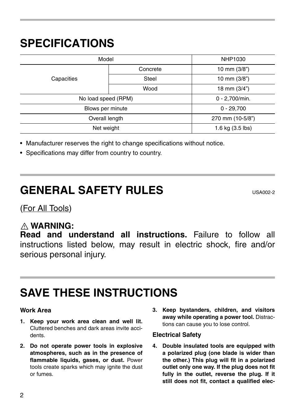 Specifications, General safety rules, Save these instructions | Makita NHP1030 User Manual | Page 2 / 16