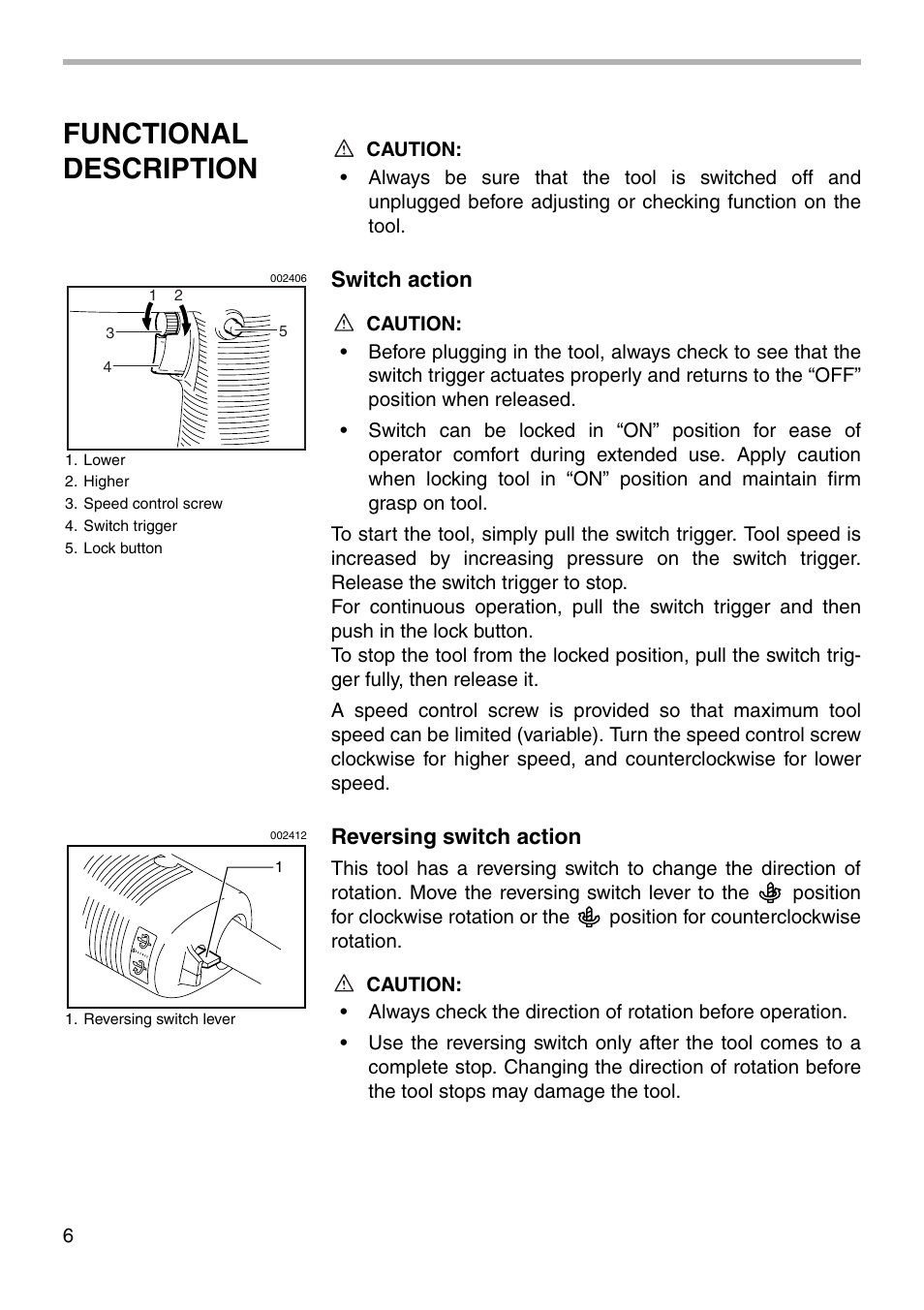 Functional description, Switch action, Reversing switch action | Makita NHP1030 User Manual | Page 6 / 16