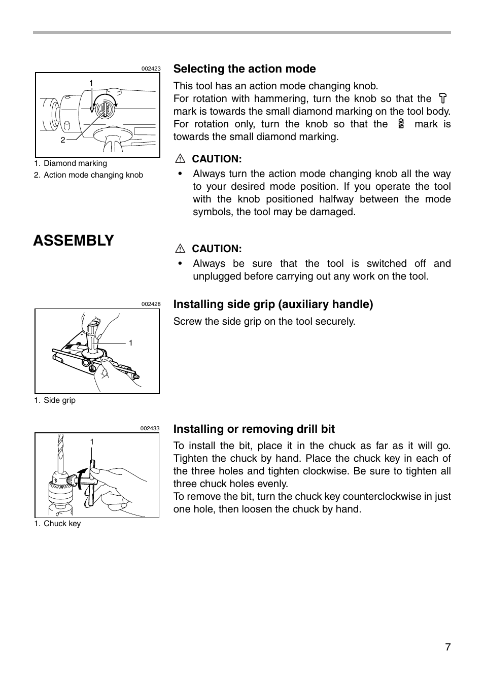 Assembly, Selecting the action mode, Installing side grip (auxiliary handle) | Installing or removing drill bit | Makita NHP1030 User Manual | Page 7 / 16