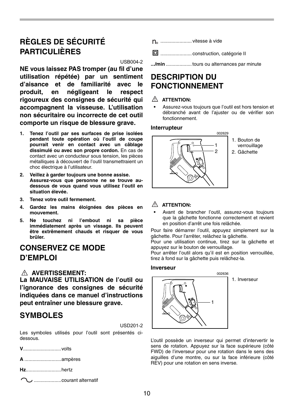 Règles de sécurité particulières, Conservez ce mode d’emploi, Symboles | Description du fonctionnement | Makita 6834 User Manual | Page 10 / 24