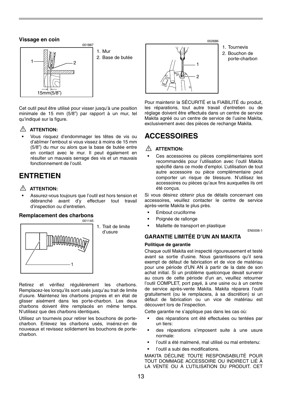 Entretien, Accessoires | Makita 6834 User Manual | Page 13 / 24