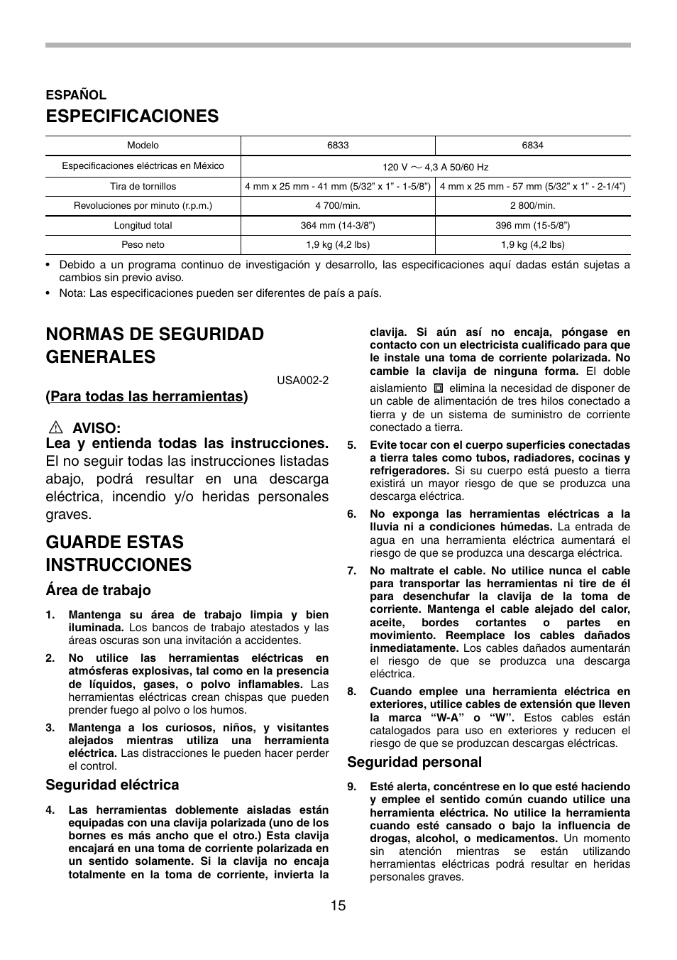 Especificaciones, Normas de seguridad generales, Guarde estas instrucciones | Área de trabajo, Seguridad eléctrica, Seguridad personal | Makita 6834 User Manual | Page 15 / 24