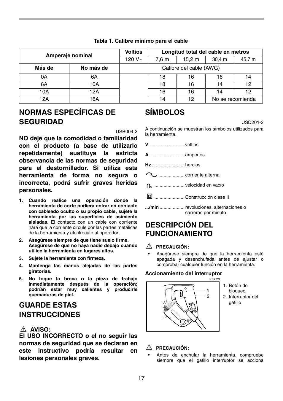 Normas específicas de seguridad, Guarde estas instrucciones, Símbolos | Descripción del funcionamiento | Makita 6834 User Manual | Page 17 / 24