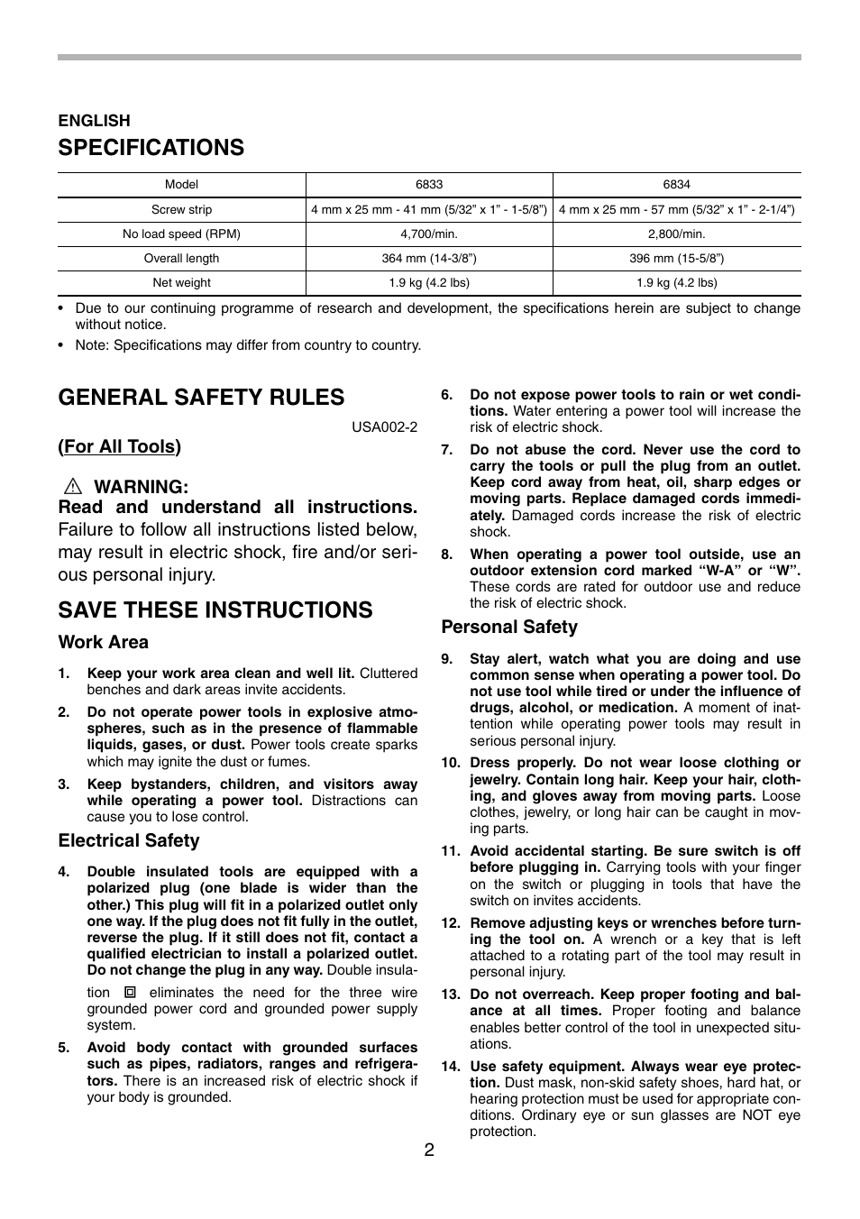 Specifications, General safety rules, Save these instructions | Work area, Electrical safety, Personal safety | Makita 6834 User Manual | Page 2 / 24