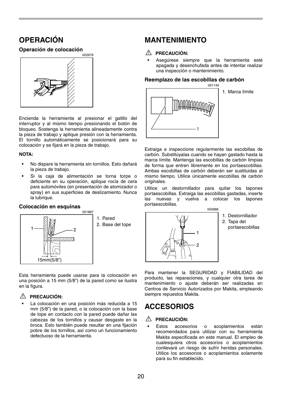 Operación, Mantenimiento, Accesorios | Makita 6834 User Manual | Page 20 / 24