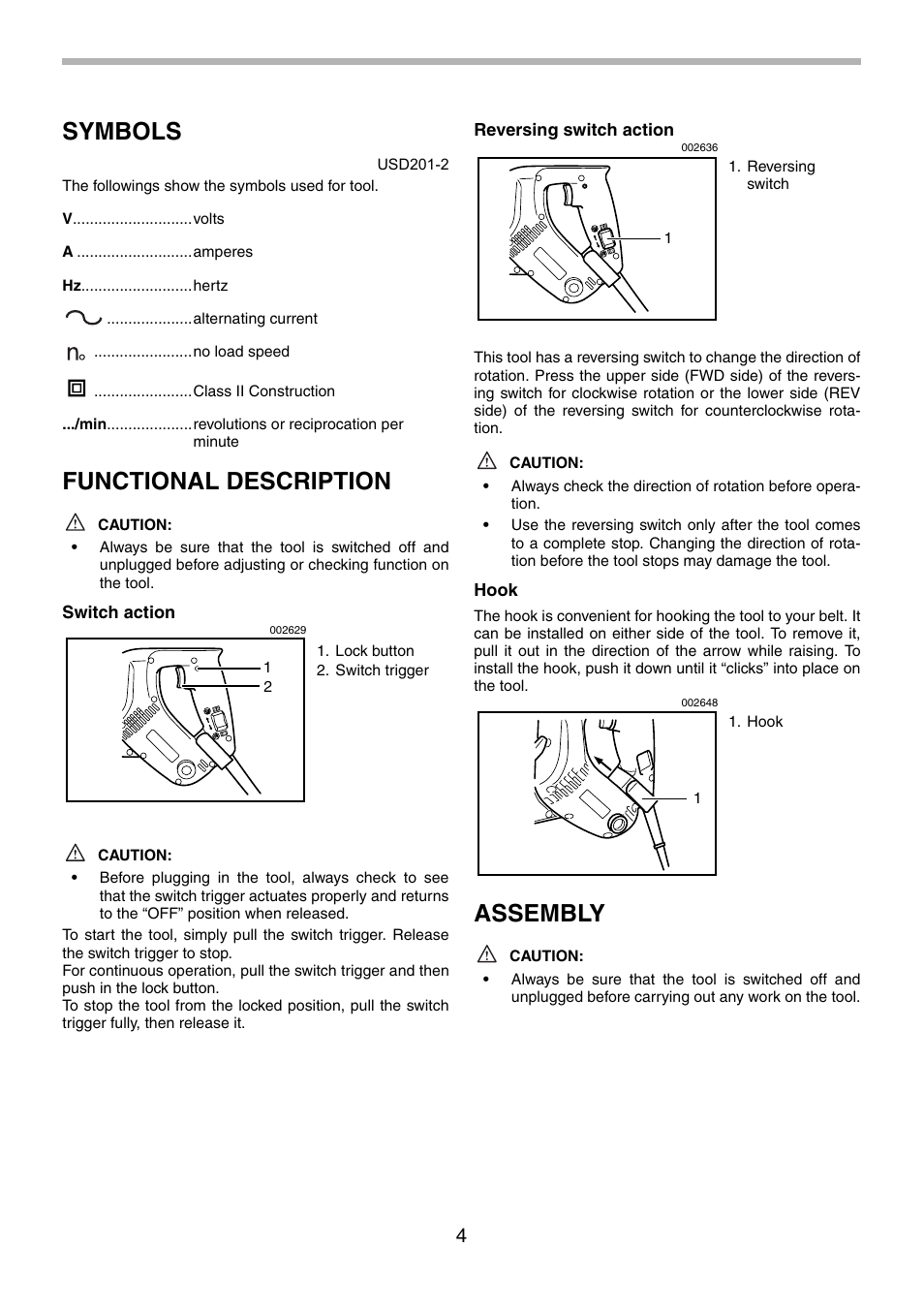 Symbols, Functional description, Assembly | Makita 6834 User Manual | Page 4 / 24