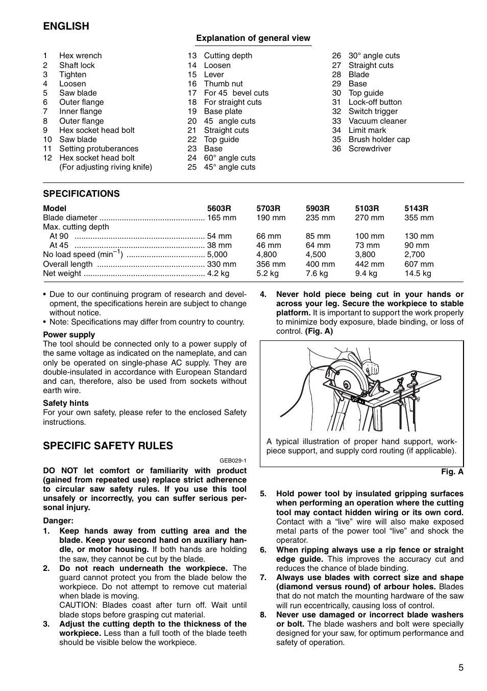 English, Specific safety rules | Makita 5603R User Manual | Page 5 / 27