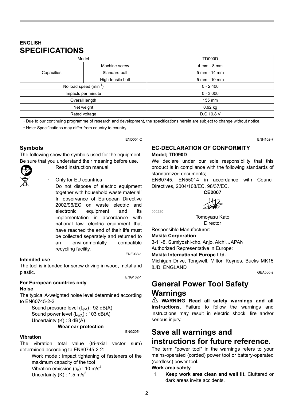 Specifications, General power tool safety warnings, Symbols | Ec-declaration of conformity | Makita TD090D User Manual | Page 2 / 12