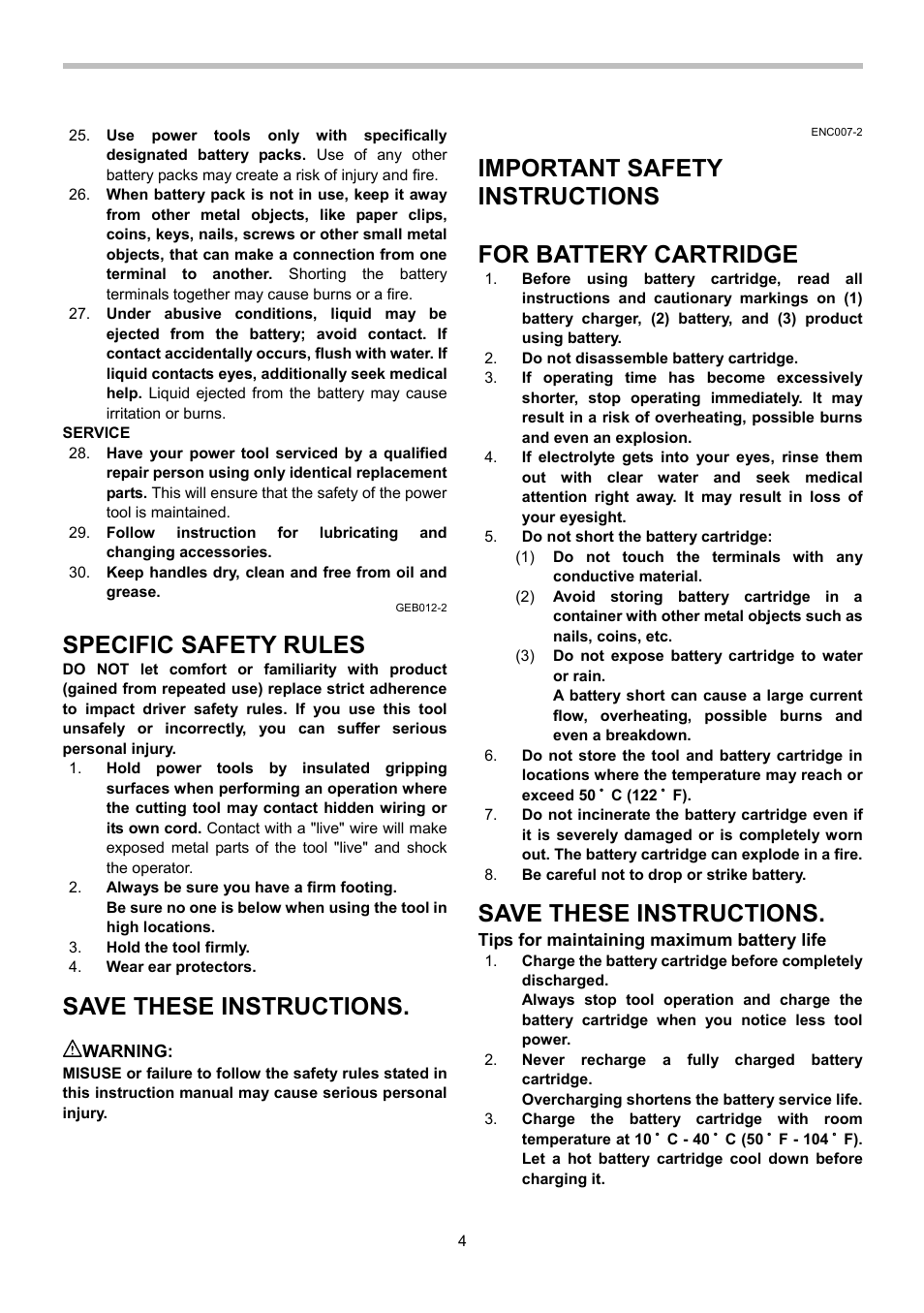 Specific safety rules, Save these instructions, Important safety instructions | For battery cartridge | Makita TD090D User Manual | Page 4 / 12