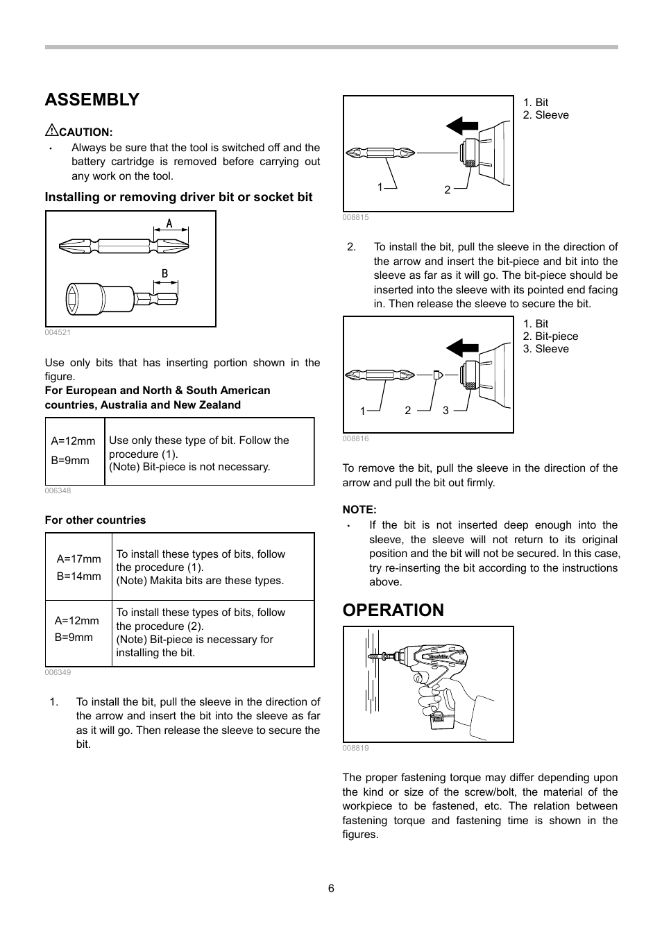 Assembly, Operation | Makita TD090D User Manual | Page 6 / 12