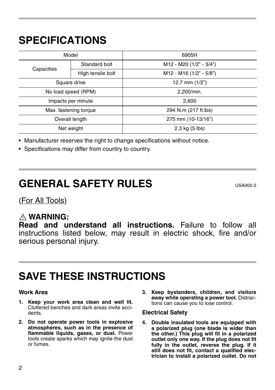 Specifications, General safety rules, Save these instructions | Makita 6905H User Manual | Page 2 / 12