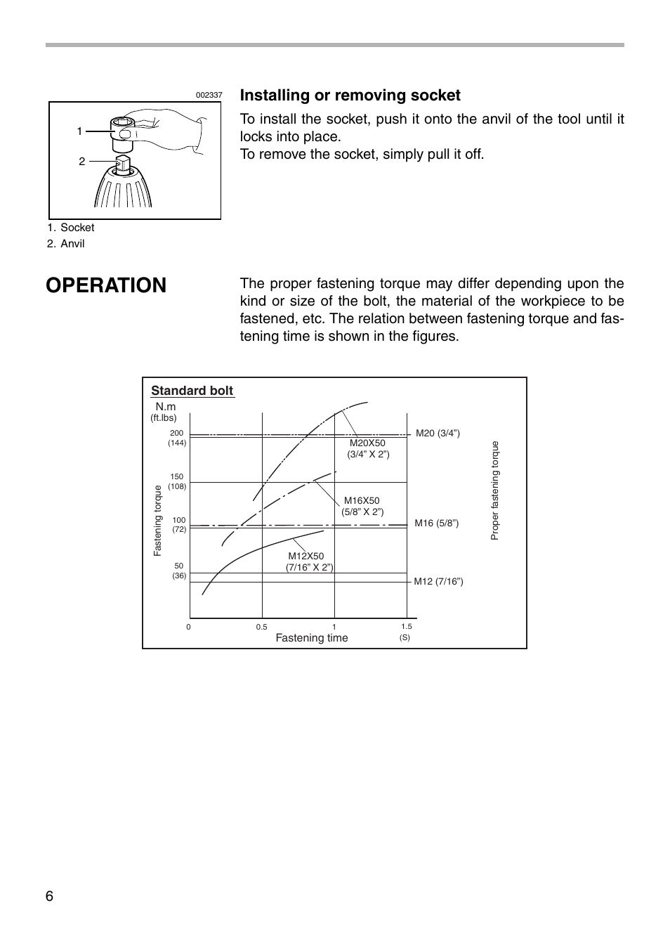 Operation, Installing or removing socket, Standard bolt | Makita 6905H User Manual | Page 6 / 12