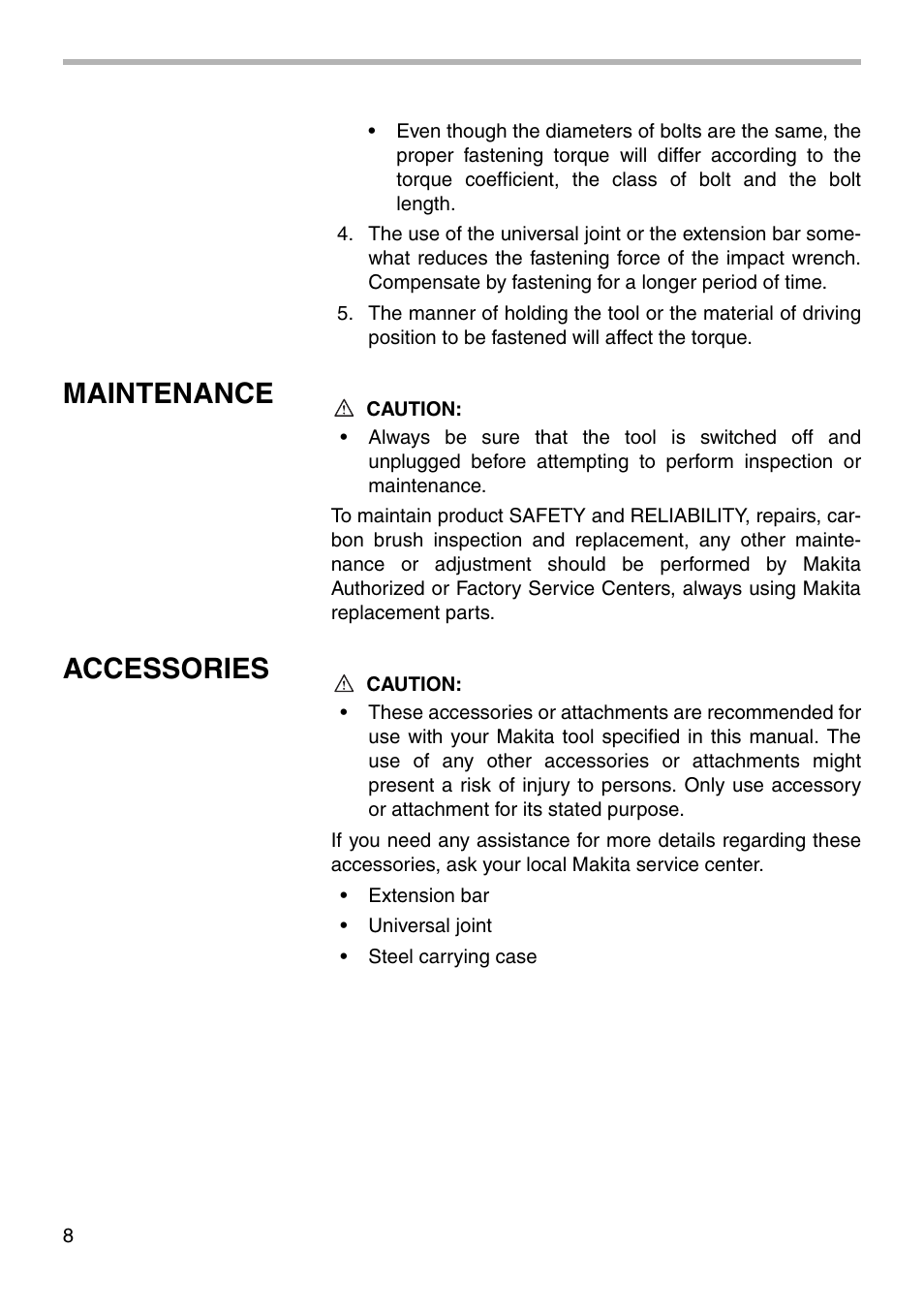 Maintenance, Accessories | Makita 6905H User Manual | Page 8 / 12