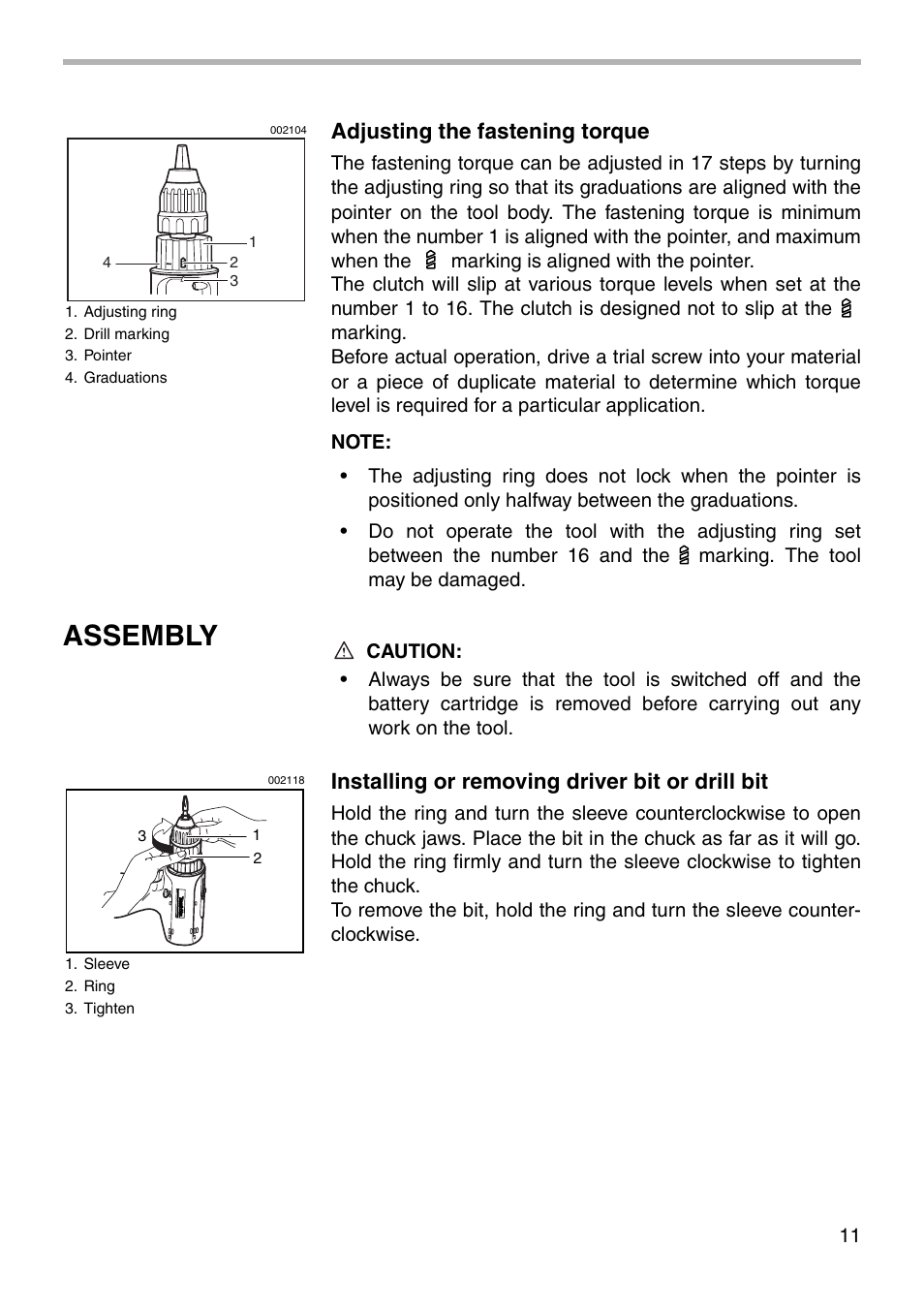 Assembly, Adjusting the fastening torque, Installing or removing driver bit or drill bit | Makita 6227D User Manual | Page 11 / 20