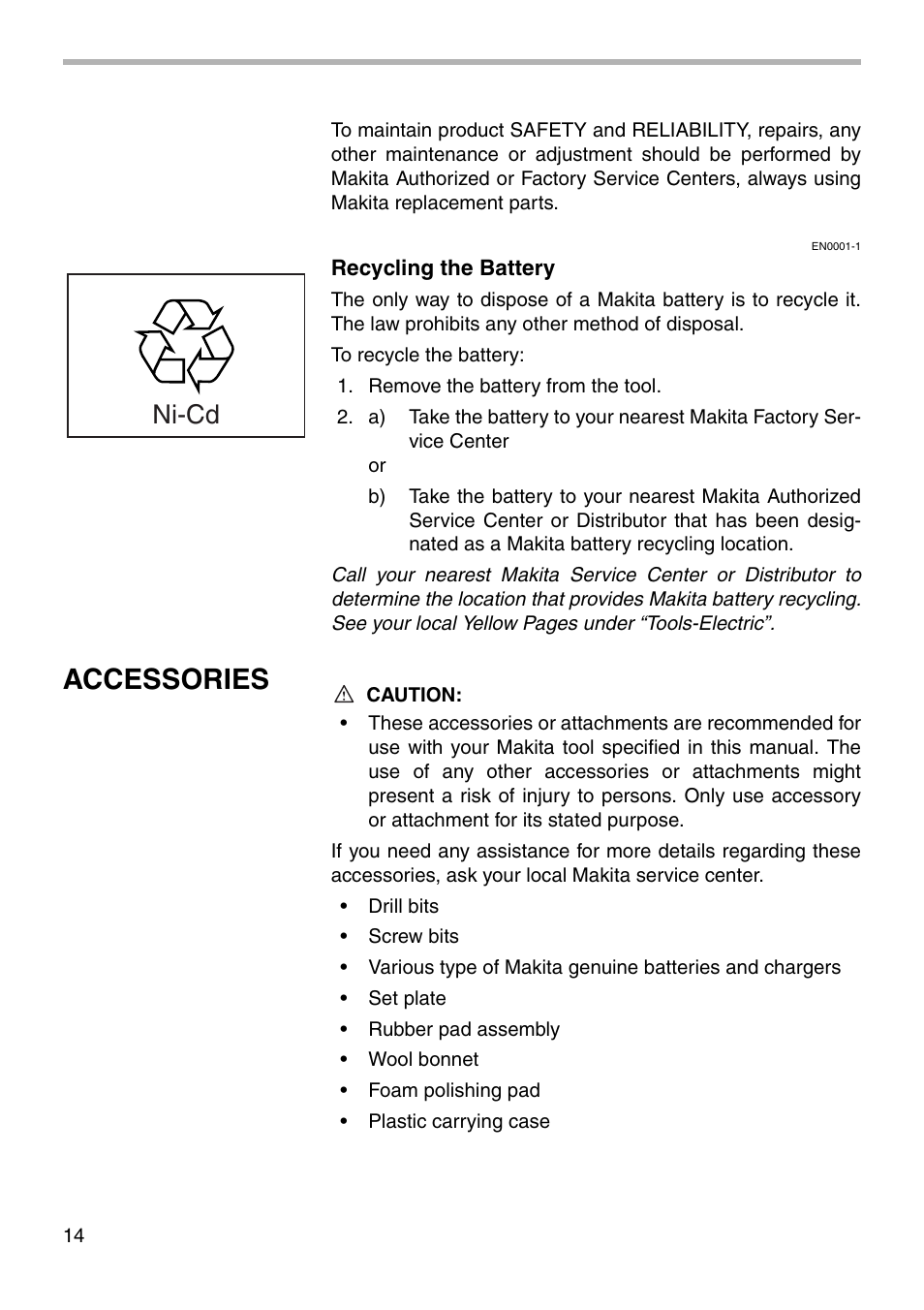 Accessories, Ni-cd | Makita 6227D User Manual | Page 14 / 20