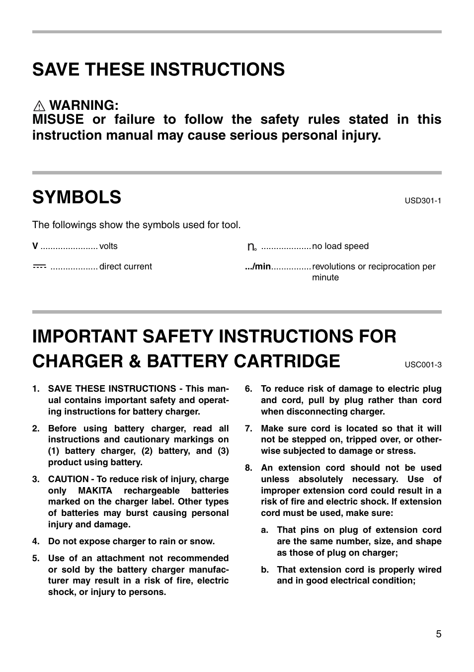 Save these instructions, Symbols | Makita 6227D User Manual | Page 5 / 20