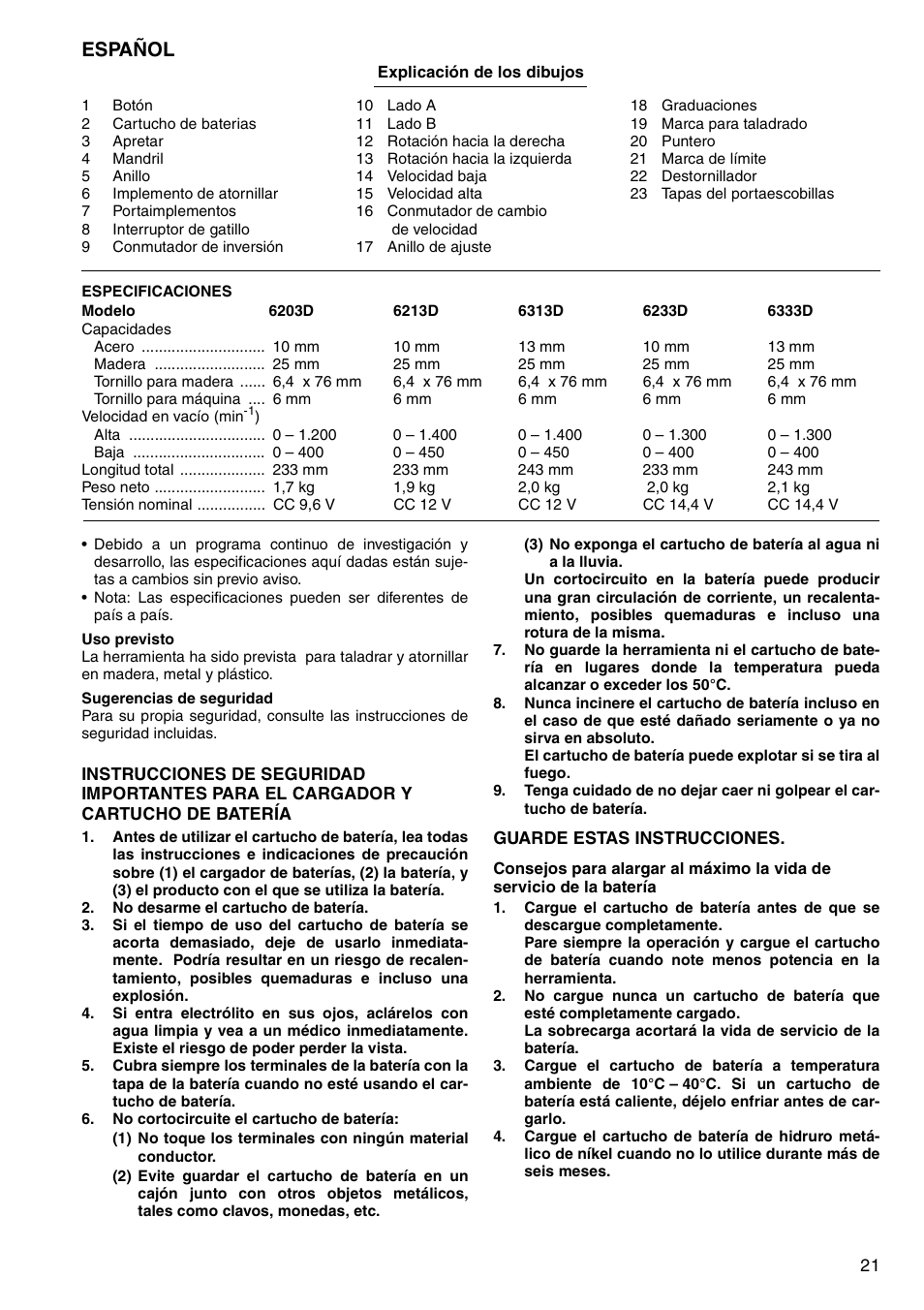 Español | Makita 6333D User Manual | Page 21 / 48