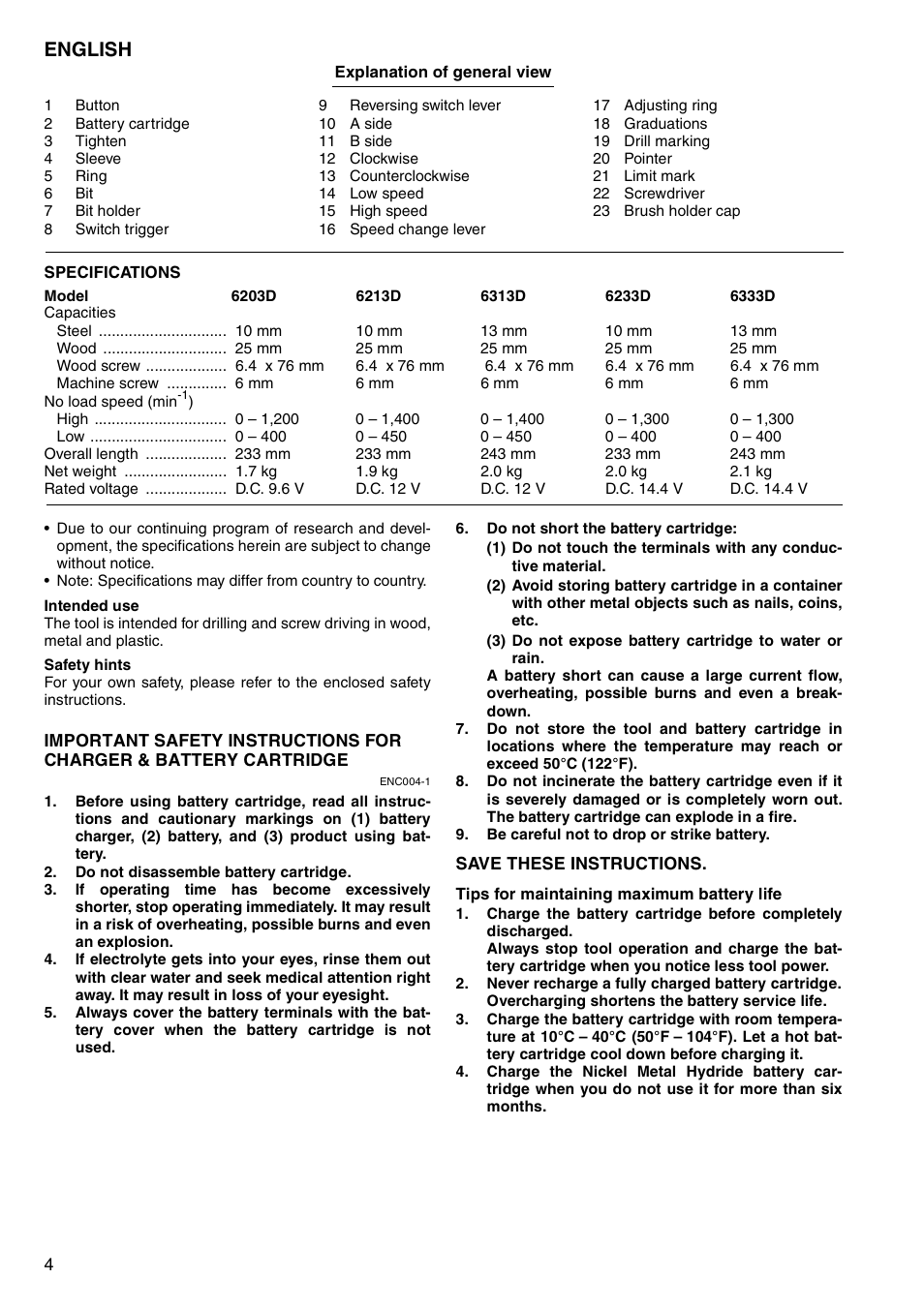 English | Makita 6333D User Manual | Page 4 / 48
