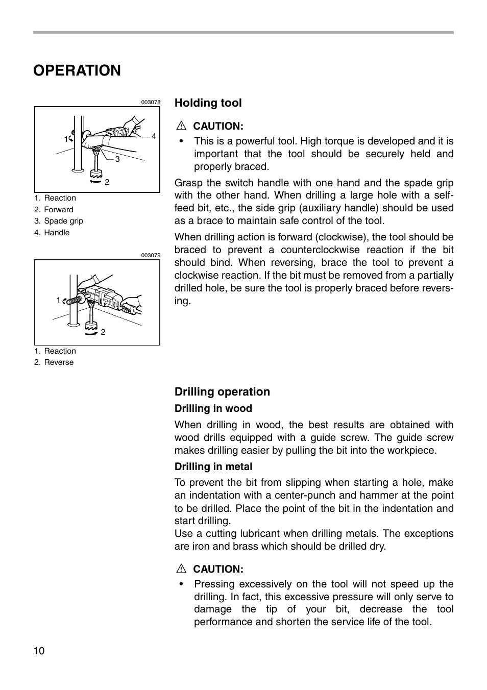 Operation, Holding tool, Drilling operation | Makita DA4031 User Manual | Page 10 / 16