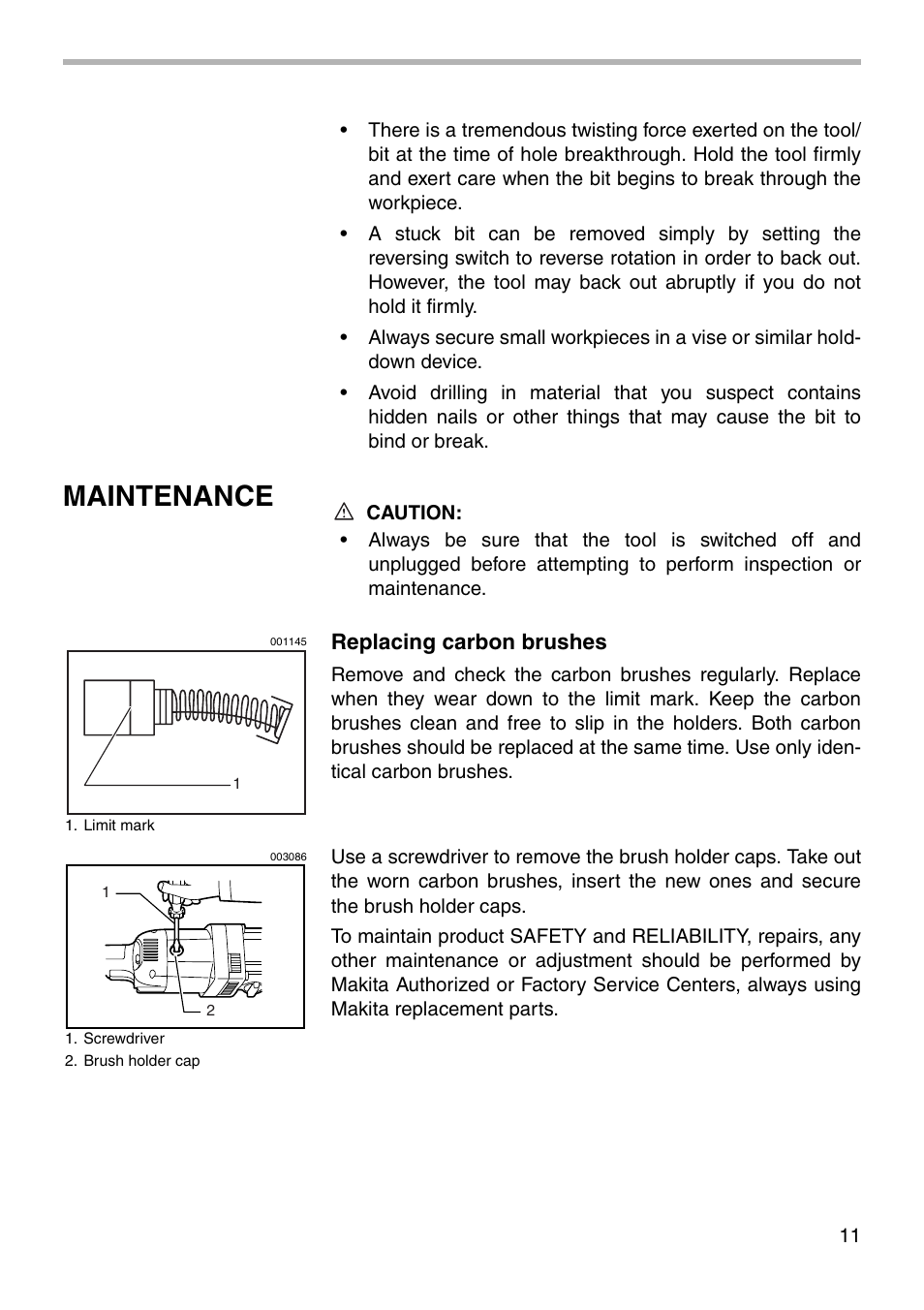 Maintenance, Replacing carbon brushes | Makita DA4031 User Manual | Page 11 / 16