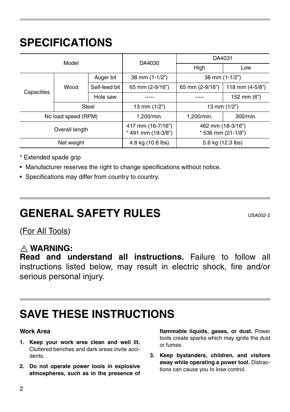 Specifications, General safety rules, Save these instructions | Makita DA4031 User Manual | Page 2 / 16