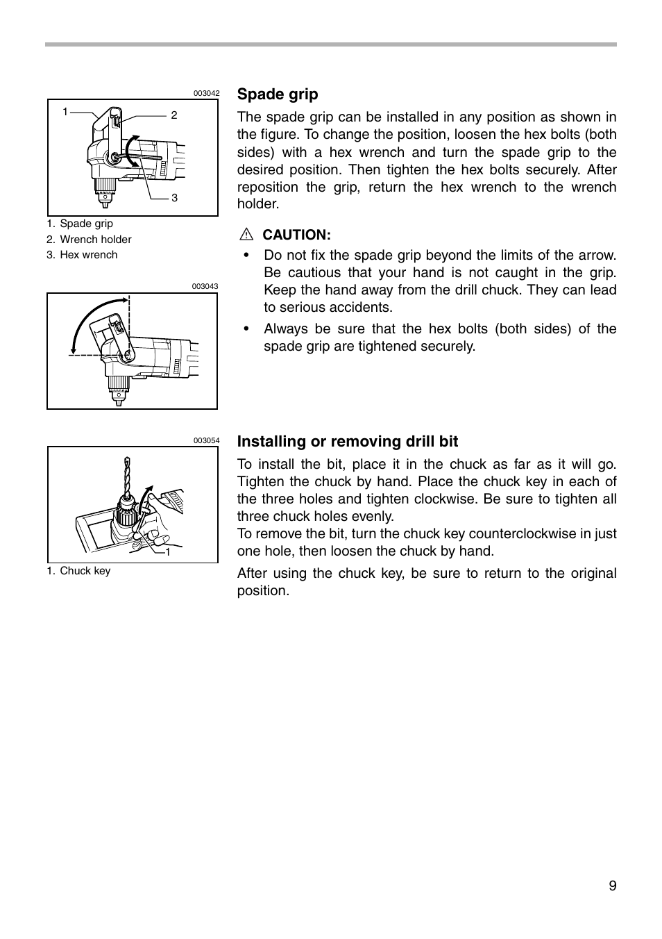 Spade grip, Installing or removing drill bit | Makita DA4031 User Manual | Page 9 / 16