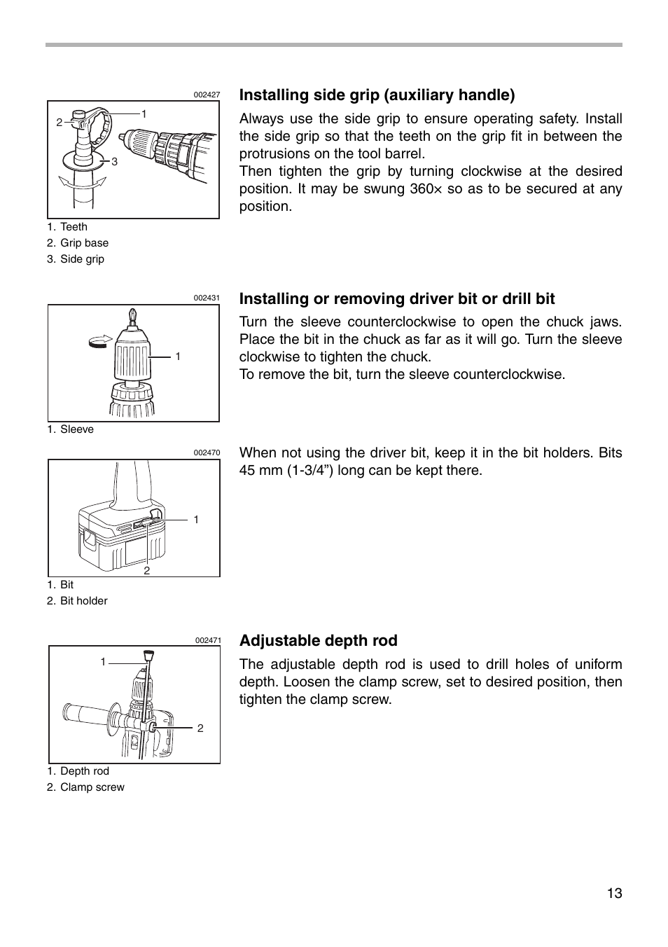 Installing side grip (auxiliary handle), Installing or removing driver bit or drill bit, Adjustable depth rod | Makita BHP460 User Manual | Page 13 / 24