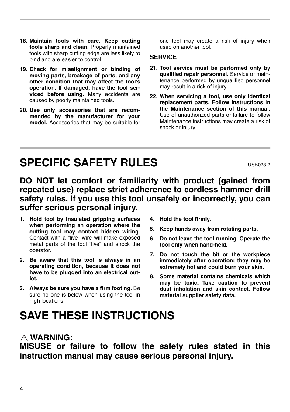 Specific safety rules, Save these instructions | Makita BHP460 User Manual | Page 4 / 24