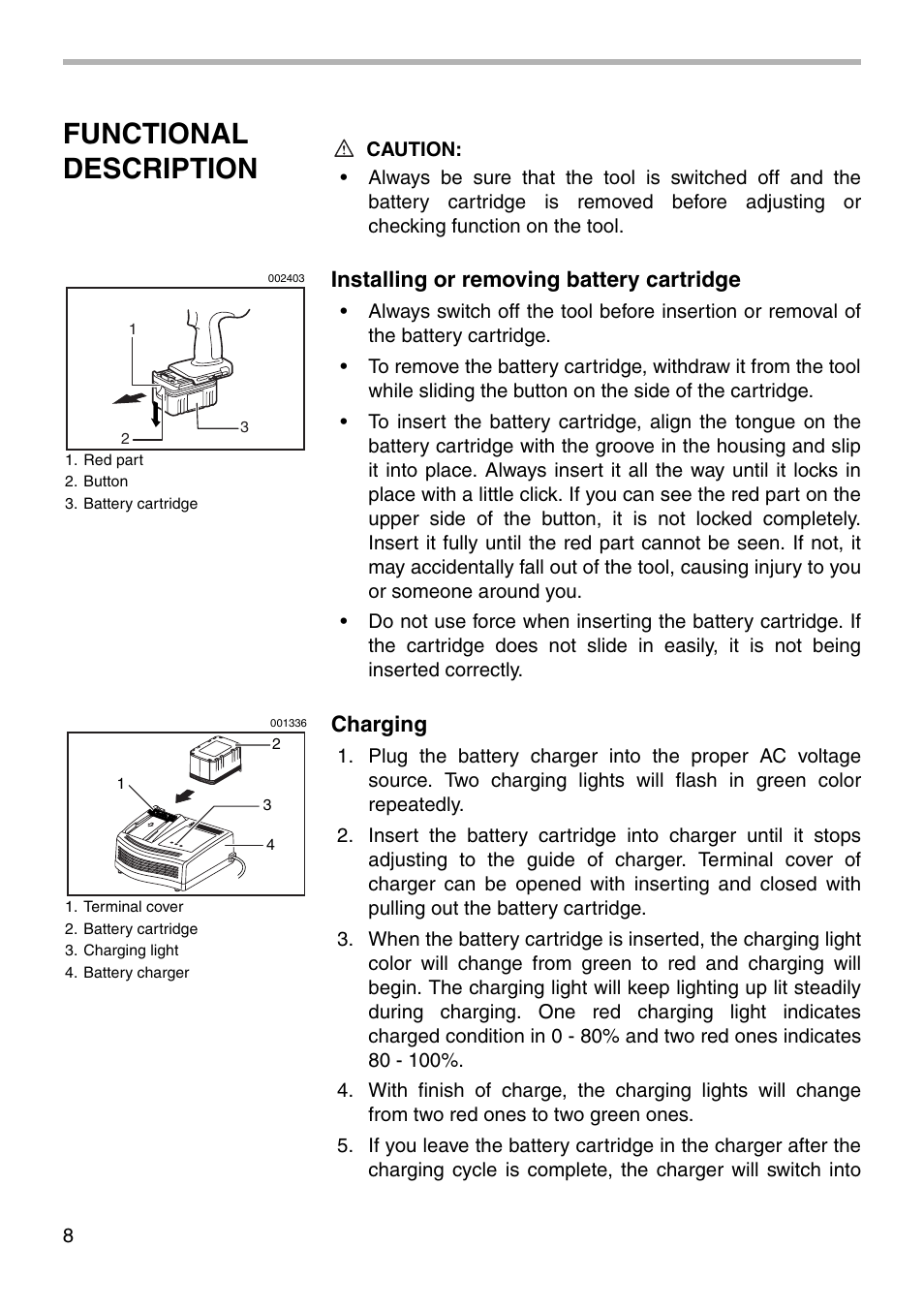 Functional description, Installing or removing battery cartridge, Charging | Makita BHP460 User Manual | Page 8 / 24