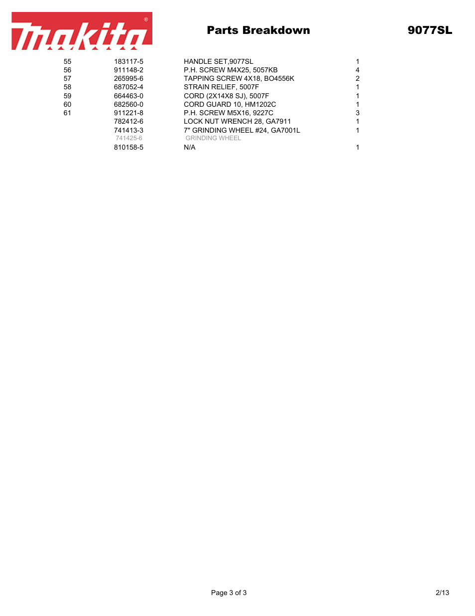 Parts breakdown 9077sl | Makita 9077S User Manual | Page 3 / 3