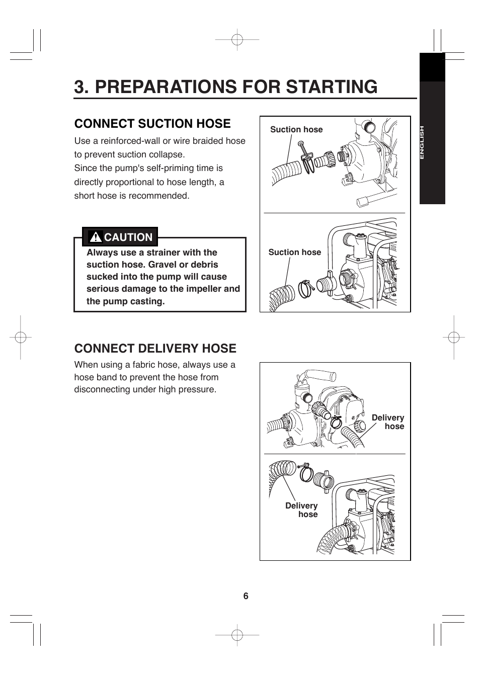 Preparations for starting, Connect suction hose, Connect delivery hose | Makita EW220R User Manual | Page 17 / 41