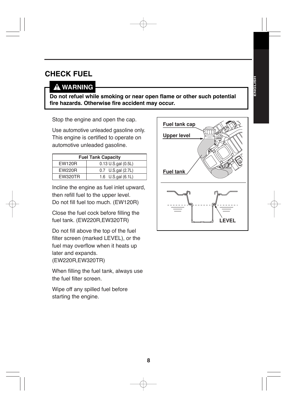 Check fuel, Warning | Makita EW220R User Manual | Page 19 / 41