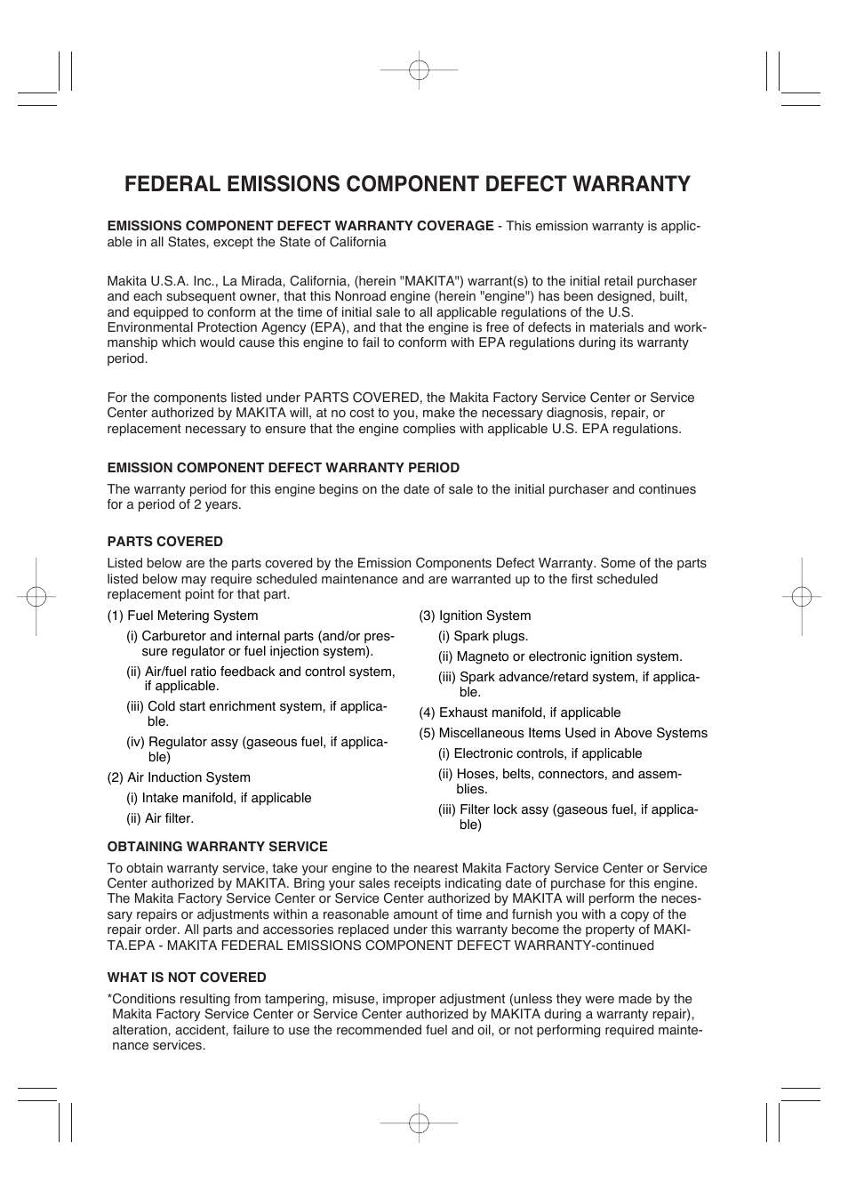 Federal emissions component defect warranty | Makita EW220R User Manual | Page 3 / 41