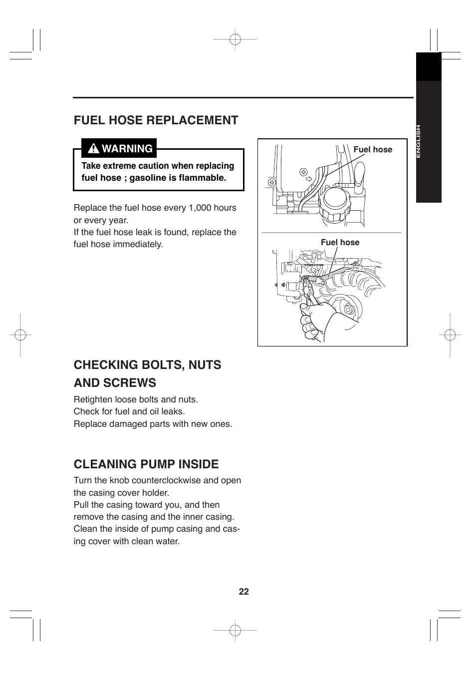 Checking bolts, nuts and screws, Cleaning pump inside, Fuel hose replacement | Makita EW220R User Manual | Page 33 / 41