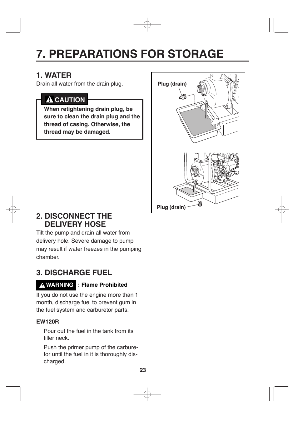 Preparations for storage, Water, Disconnect the delivery hose | Discharge fuel | Makita EW220R User Manual | Page 34 / 41