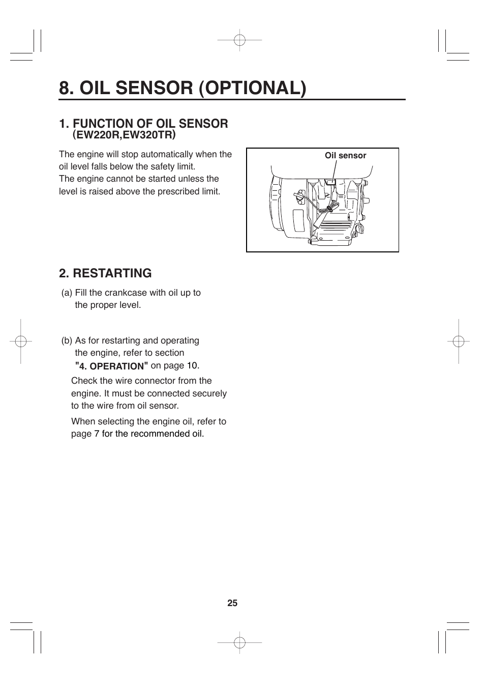 Oil sensor (optional), Function of oil sensor, Restarting | Makita EW220R User Manual | Page 36 / 41