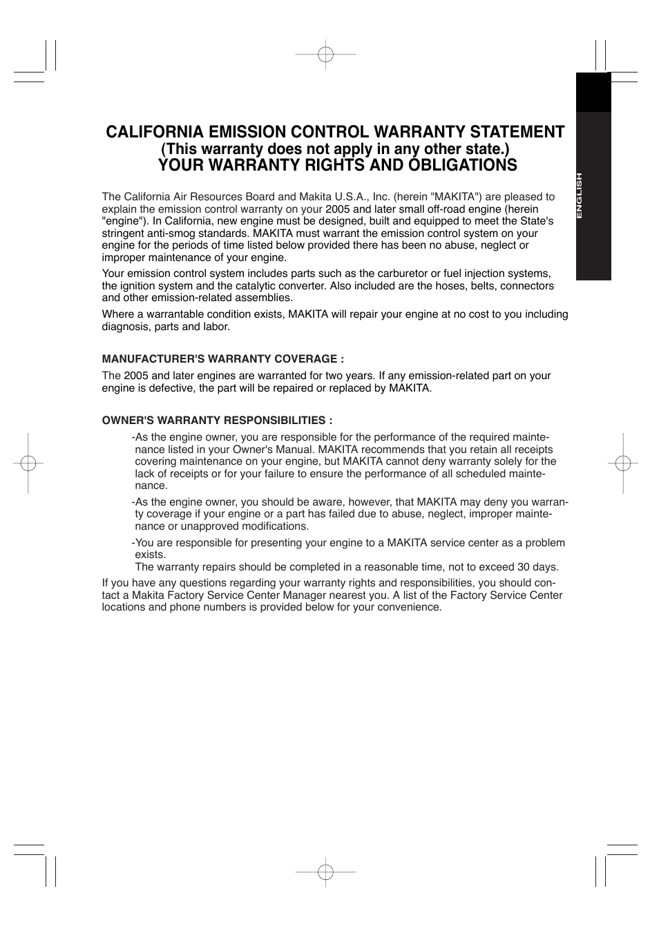 California emission control warranty statement, Your warranty rights and obligations, This warranty does not apply in any other state.) | Makita EW220R User Manual | Page 6 / 41