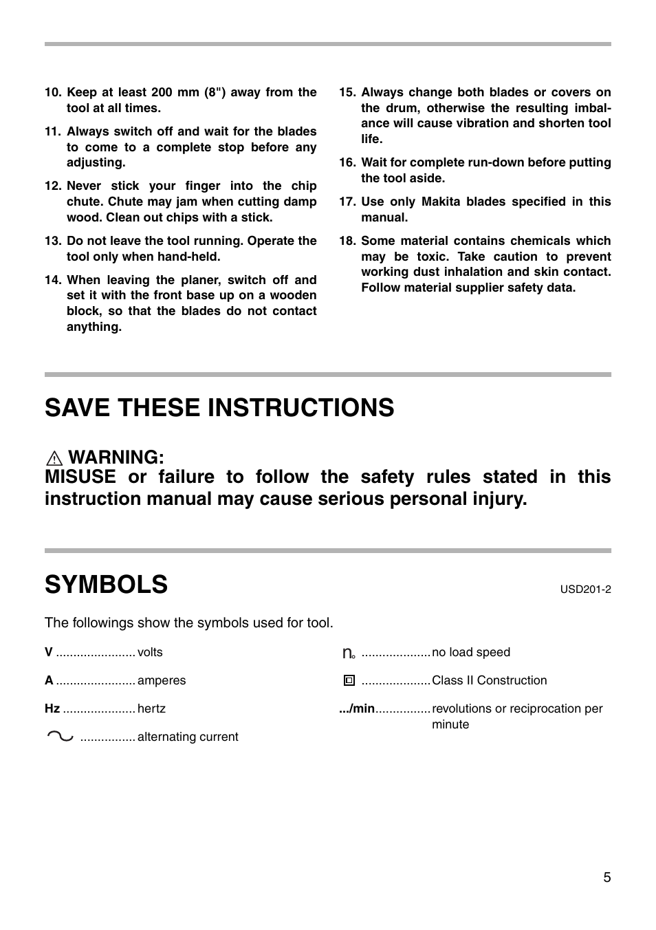 Save these instructions, Symbols | Makita 1912B User Manual | Page 5 / 16