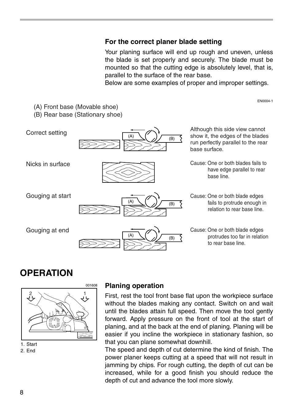 Operation, For the correct planer blade setting, Planing operation | Makita 1912B User Manual | Page 8 / 16