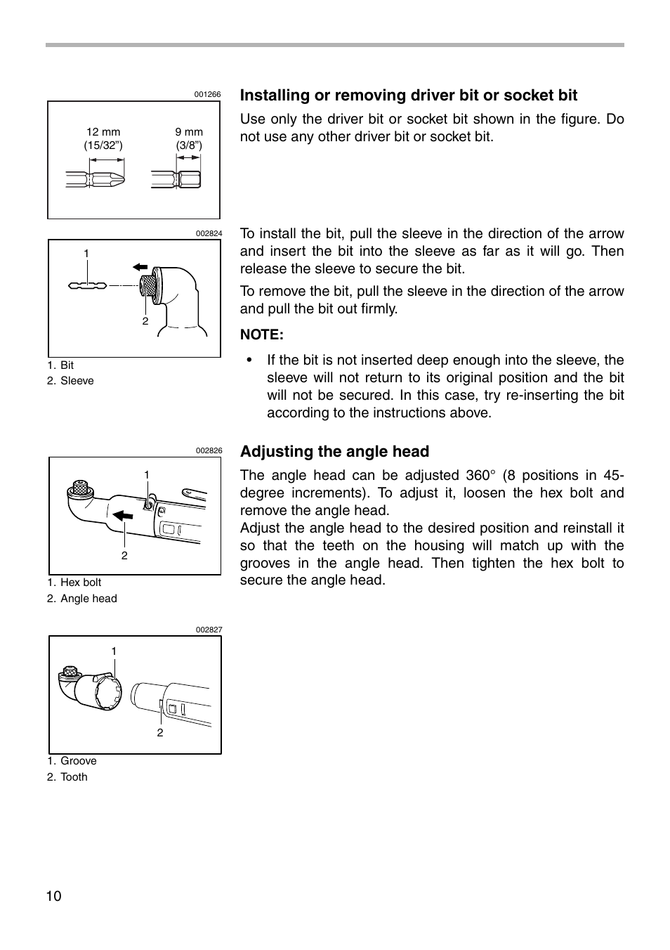 Installing or removing driver bit or socket bit, Adjusting the angle head | Makita 6940D User Manual | Page 10 / 20