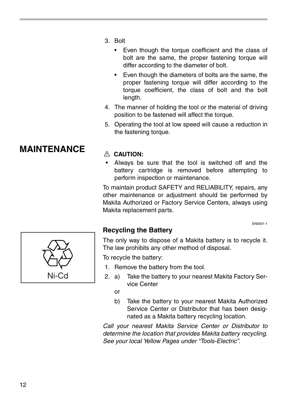 Maintenance, Ni-cd | Makita 6940D User Manual | Page 12 / 20