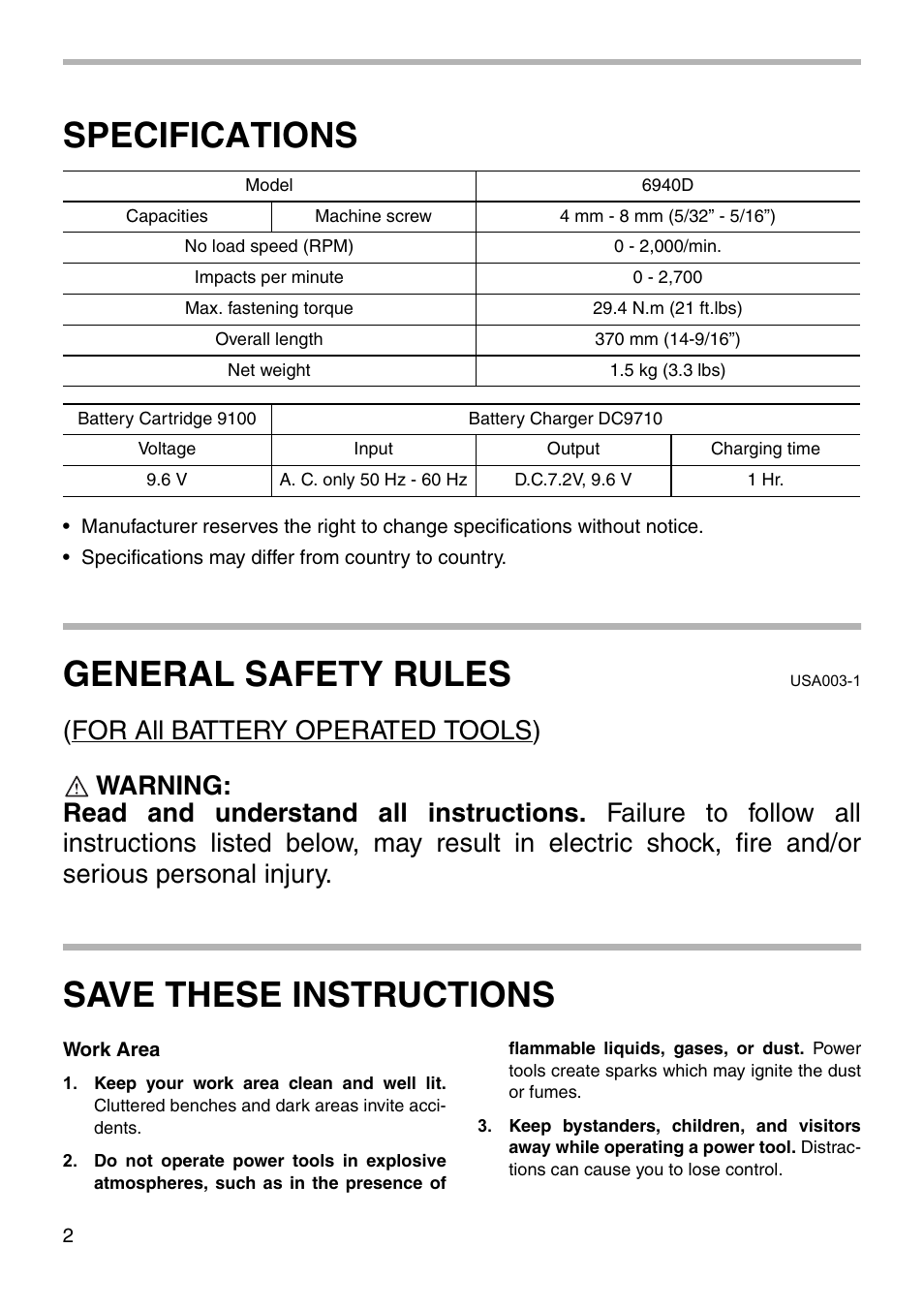 Specifications, General safety rules, Save these instructions | Makita 6940D User Manual | Page 2 / 20