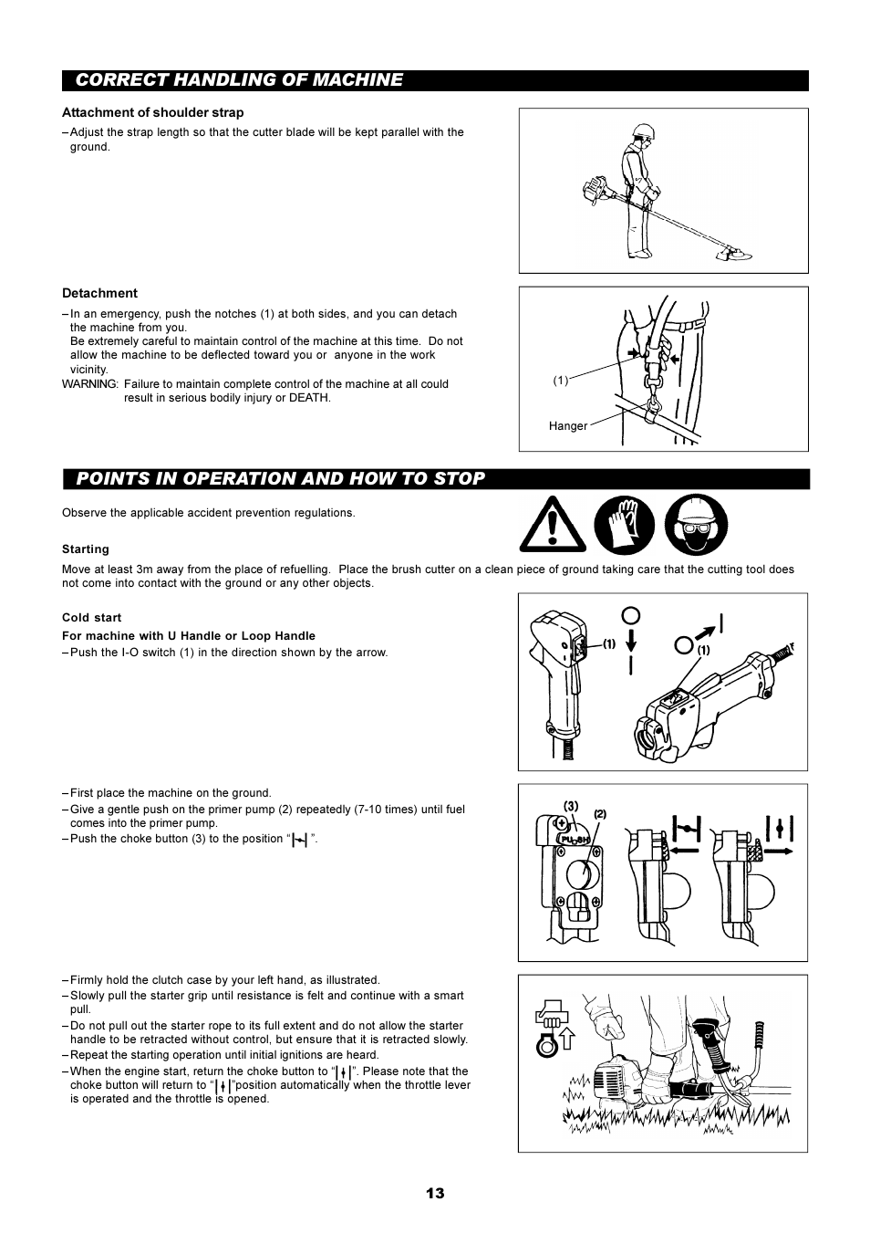 Correct handling of machine, Points in operation and how to stop | Makita RBC2510 User Manual | Page 14 / 19