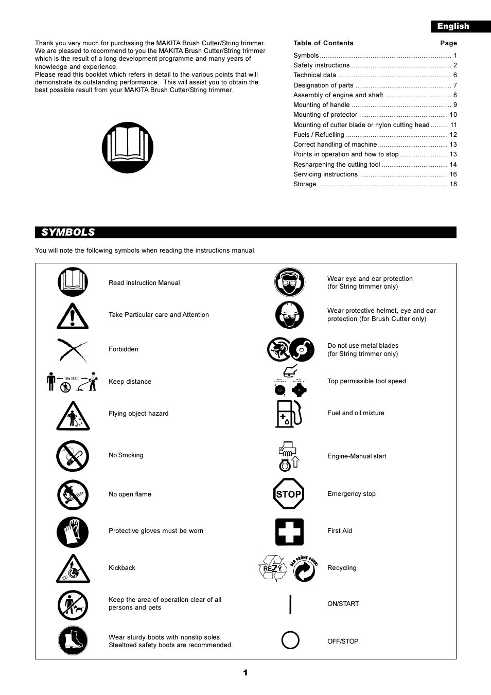 Symbols | Makita RBC2510 User Manual | Page 2 / 19