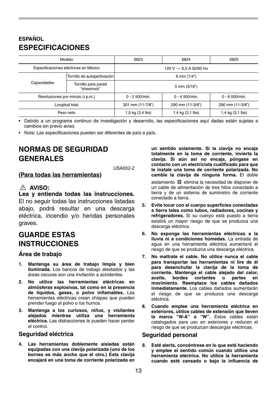 Especificaciones, Normas de seguridad generales, Guarde estas instrucciones | Área de trabajo, Seguridad eléctrica, Seguridad personal | Makita 6823 User Manual | Page 13 / 20